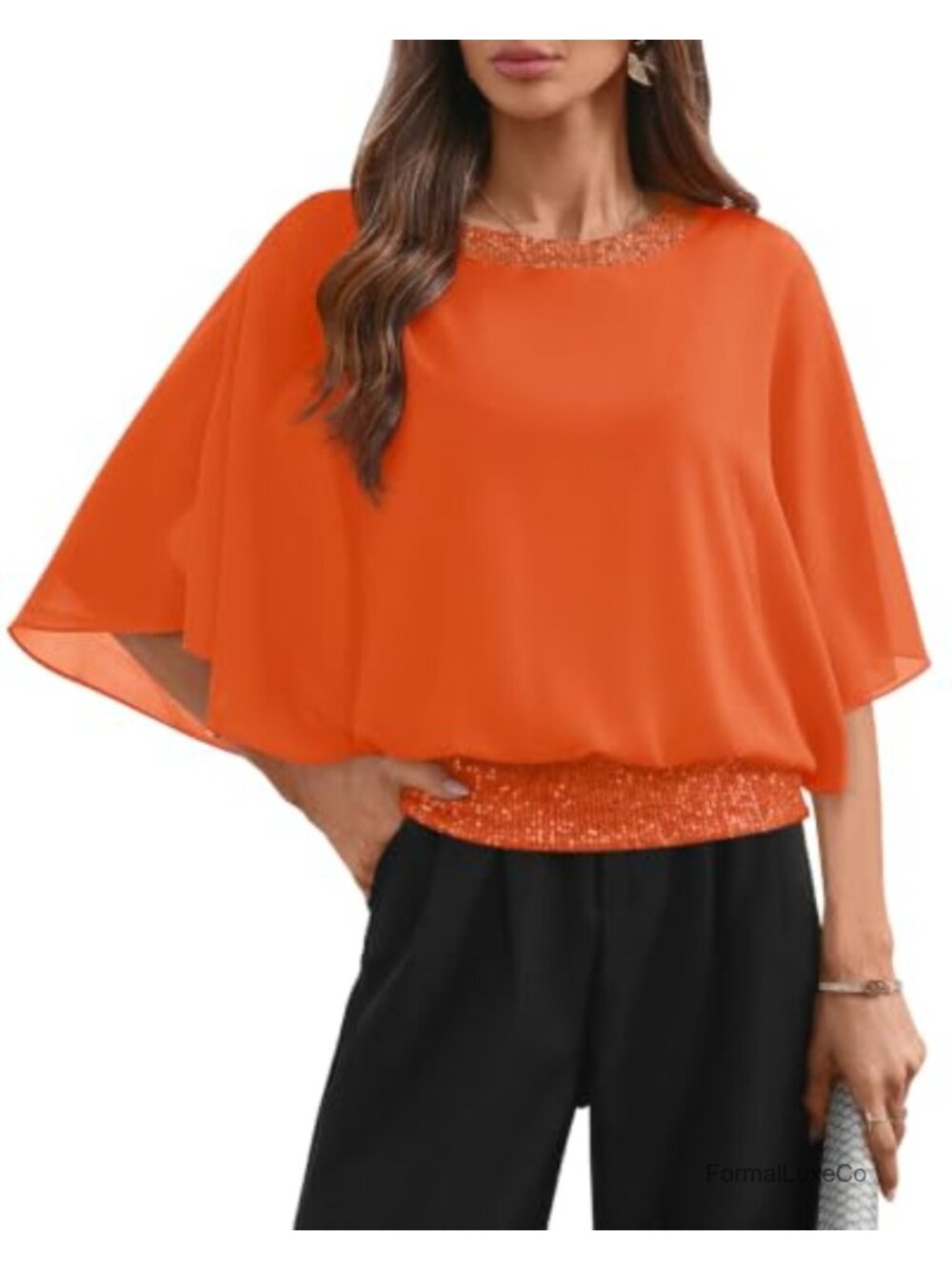 Sequin Formal Top Batwing Sleeve Chiffon Party Shirt